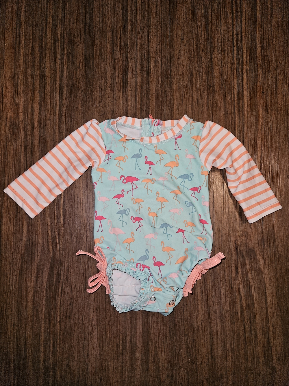 Ruffle Butts Mint Flamingo Rashguard with Pink Stripes and Coral Accents